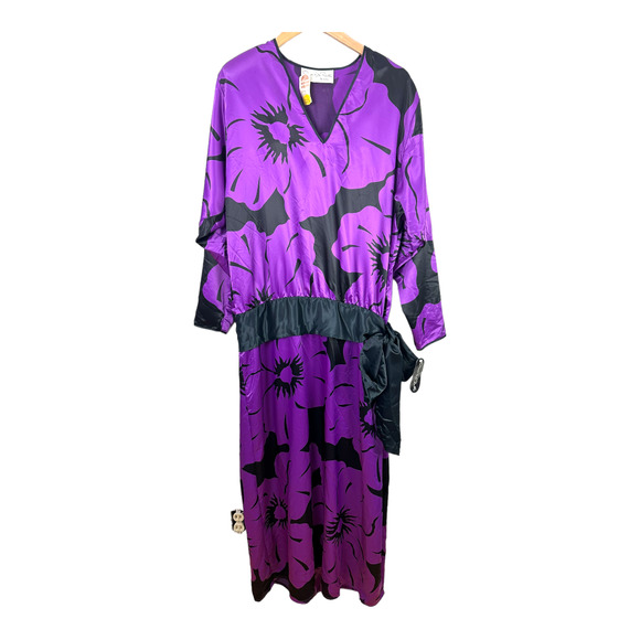 VTG Swirl Oscar De La Renta Purple Black Tie Waist Kaftan Maxi Dress M